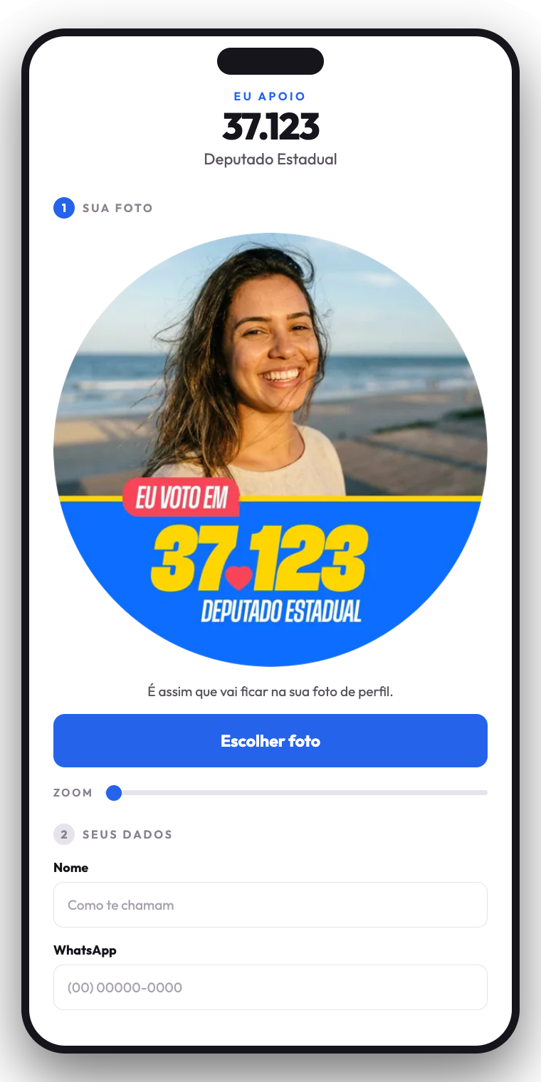 A tela que o seu apoiador vê: a foto dele já dentro da moldura da campanha.